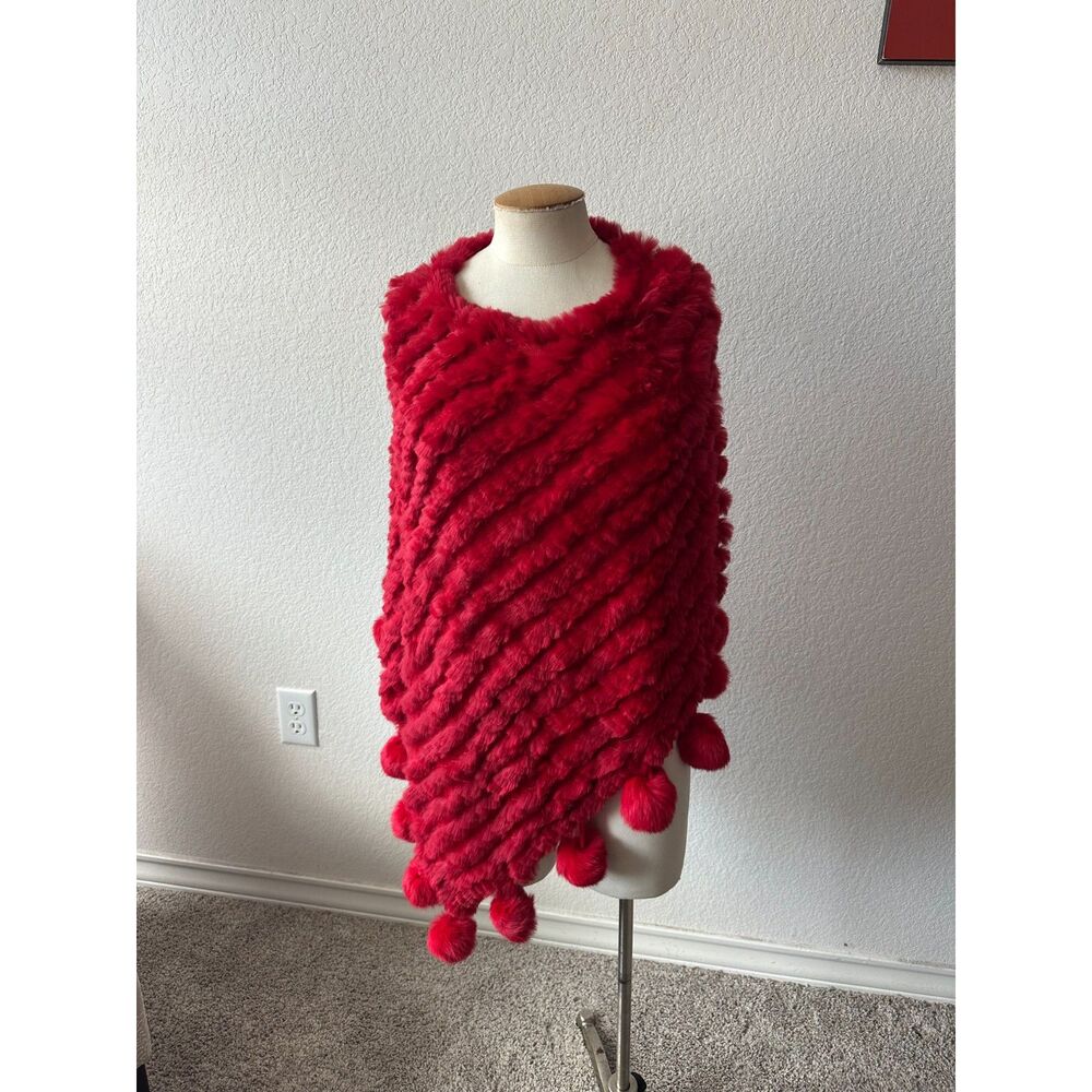 Red Knitted Rabbit Fur Poncho